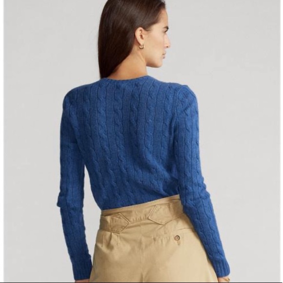 RALPH LAUREN Blue Cable Knit V-Neck Sweater Embroidered Orange Polo Pony XL NEW! - Picture 6 of 10